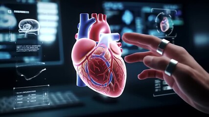 Human Hand Interacting with a Digital Heart Rotation on Advanced Medical Technology Interface Featuring Diagnostic Data and Interactive Simulations for Healthcare Presentations and Educational - Powered by Adobe