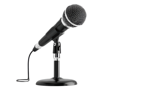 Professional microphone on a stand ready for use in a studio or performance setting.
