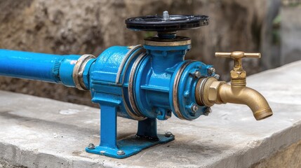 Blue water pump with brass faucet on a concrete surface.