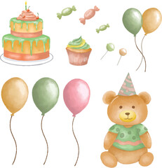Birthday party cake, ballon, sugar teddy bear