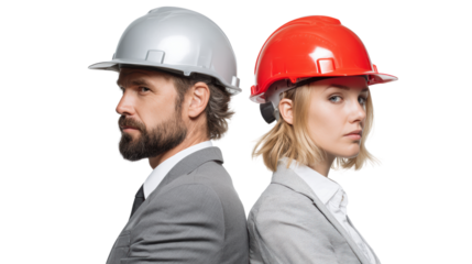 Professionals with hard hats standing back to back, showcasing teamwork and collaboration in construction.