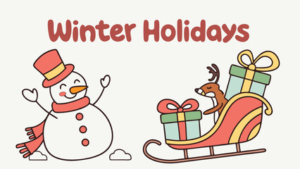 Cheerful winter holiday illustration featuring a joyful snowman and a reindeer pulling a sleigh filled with presents; cute, cartoon style; festive and whimsical mood.
