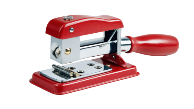 Red handheld hole puncher tool, isolated on white background.