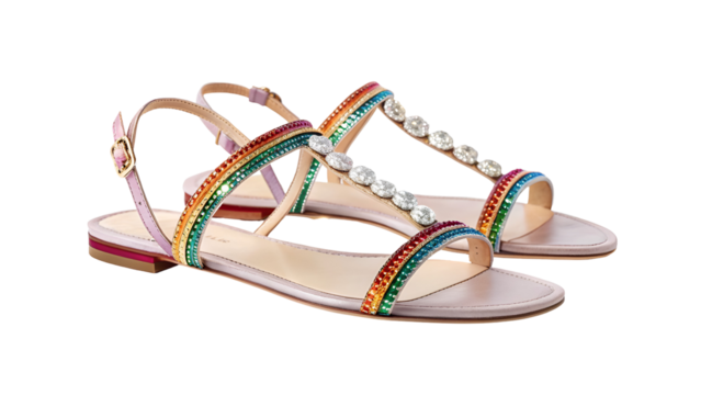 Dazzling rainbow embellished flat sandals with crystal accents isolated on a transparent background
