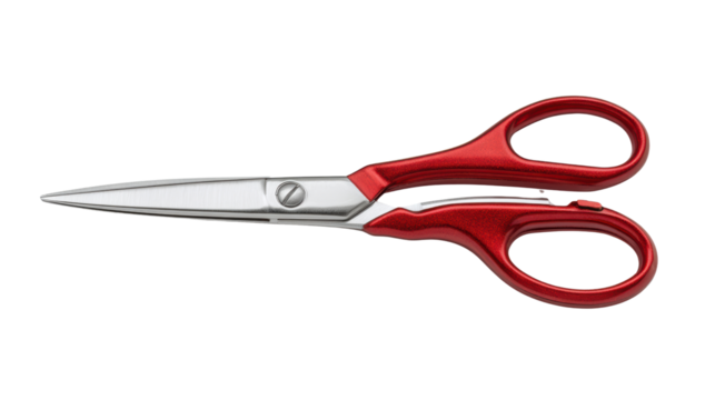 Red handled scissors on a white isolate background.