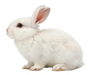 A small fluffy white pet rabbit isolated on a plain background