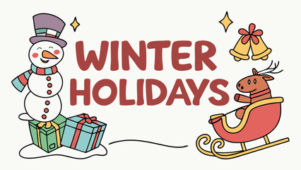 Cheerful Winter Holidays Illustration: Snowman, Reindeer Sleigh, Presents, and Jingle Bells; Cute Cartoon Style; Festive and Joyful Mood.