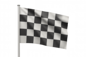 Checkered racing flag fluttering, symbolizing motorsport triumph, waving dynamically against transparent backdrop