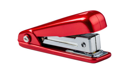 Red stapler on a white isolate background, perfect for office supplies and stationery.