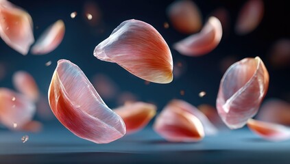 Floating, delicate garlic petals in mid-air