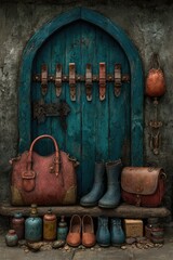 Aged teal door, leather goods, and accessories