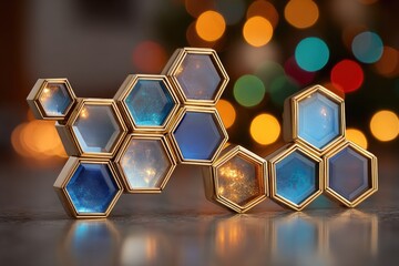 Gold-framed hexagonal crystals in varying shades of blue and amber, reflecting light against a blurred bokeh background of warm holiday lights