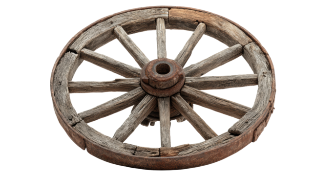 Rustic wooden wheel isolated on a white background, showcasing traditional craftsmanship and durability.