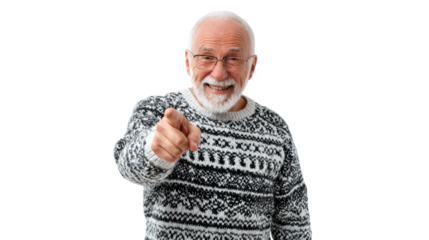 Smiling elderly man in a festive sweater pointing at the viewer with enthusiasm.
