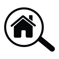 House icon inside magnifying glass on white background