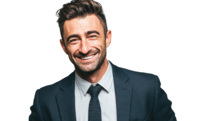 Smiling man in a suit, professional and approachable, isolated on a white background.