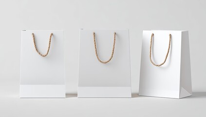 Three white paper shopping bags with light beige handles