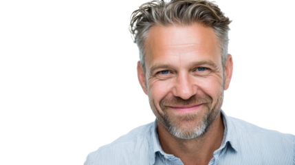 Smiling man with gray hair, wearing a light blue shirt, isolated on white background.