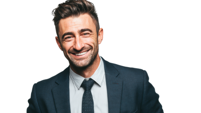 Smiling man in a suit, professional and approachable, isolated on a white background. - Powered by Adobe