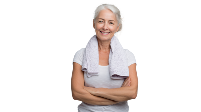 Smiling senior woman with a towel around her neck, fitness and wellness concept, white isolate background.