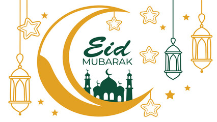 Eid Mubarak Celebration:  Golden Crescent Moon, Green Mosque Silhouette, Hanging Lanterns, and Stars; Festive, Minimalist, Flat Design; Islamic Holiday Greeting Card Illustration.