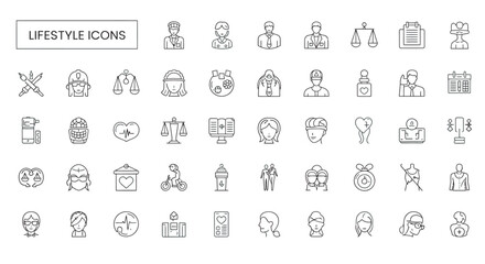 Collection of lifestyle elements displayed as line art showing various activities and interests in a minimalist style.