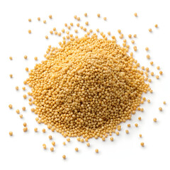 Close-up image of foxtail millet grains isolated on a white background, showing their small size, golden color