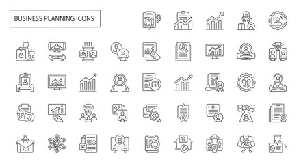 Business planning elements depicted as outline symbols on white, representing strategy, analysis and growth in a simple, modern style.