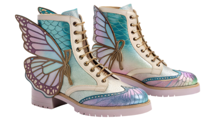 Iridescent butterfly wing patterned lace up boots isolated on a transparent background footwear