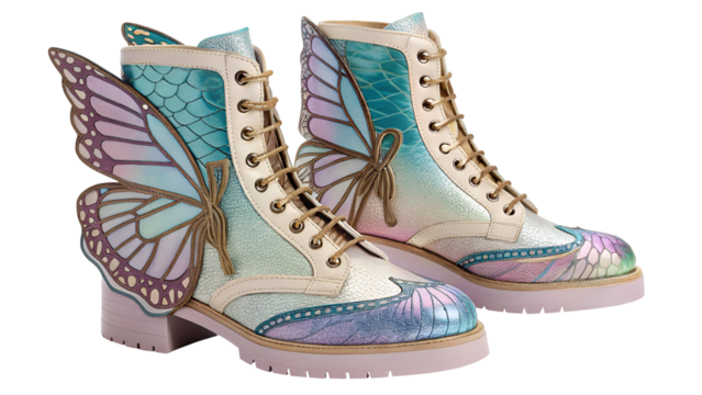 Iridescent butterfly wing patterned lace up boots isolated on a transparent background footwear
