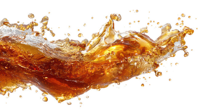 Splashing beverage, dynamic movement with brown liquid, isolated on white background.