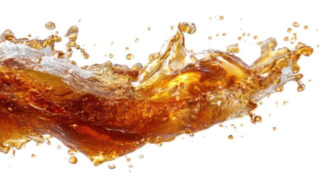 Splashing beverage, dynamic movement with brown liquid, isolated on white background.