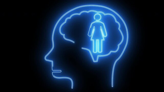 human brain head icon and woman icon with neon effect
