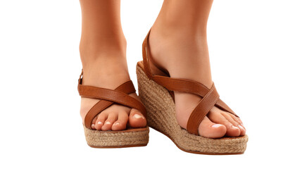 Naklejka premium Stylish brown wedge sandals on a white isolated background.