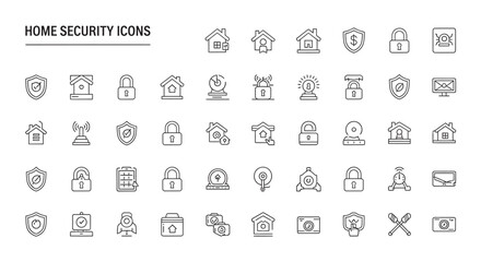 Home security system elements displayed as thin line art offering protection and safety for modern living in a minimalist style.