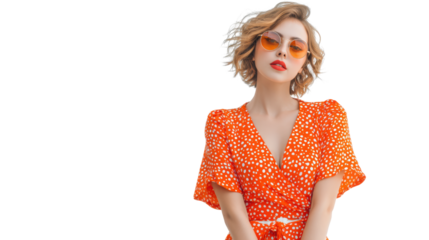 Stylish young woman in an orange dress and sunglasses, posing confidently against a white background.