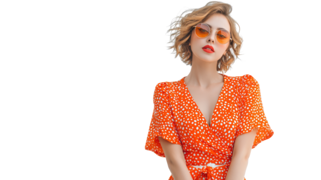 Stylish young woman in an orange dress and sunglasses, posing confidently against a white background.