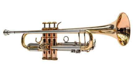 Naklejka premium Trumpet isolated on white background showcasing its shiny brass finish and intricate valves.