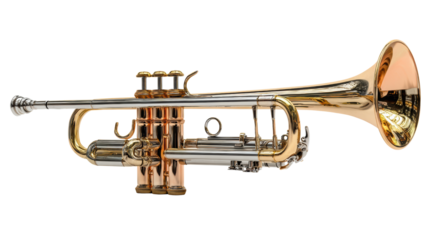 Trumpet isolated on white background showcasing its shiny brass finish and intricate valves.