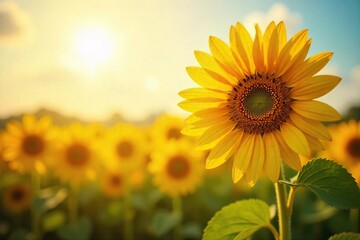 Obraz premium Close-up of a single, vibrant sunflower facing the sun, symbolizing optimism and the promise of a bright future The image evokes feelings of warmth, joy, and resilience , hope, warmth