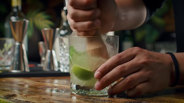 Muddling Mint Close Up Slow Motion Preparation of a Refreshing Mojito Cocktail in a Crystal Glass on a Wooden Bar with Tropical Background Creating a Vibrant and Inviting Atmosphere perfect for Bar