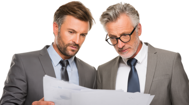 Two business men reviewing paperwork, white isolated background.