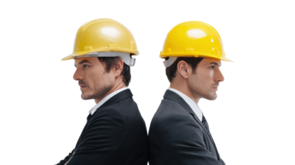 Two professionals in suits wearing yellow hard hats, showing collaboration and teamwork in construction.