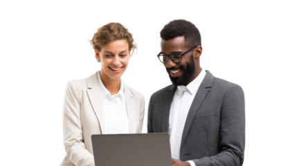 Two professionals smiling while working on a laptop together, white isolated background.
