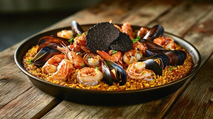 Black truffle seafood delicacy showcasing premium paella with mussels, prawns, squid and elegant truffle presentation on rustic wood