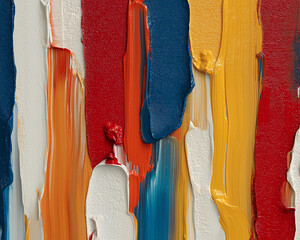 abstract vertical paint strokes in bright red, rich blue, golden yellow, and clean white, hand-painted acrylic texture on canvas for modern wall art 