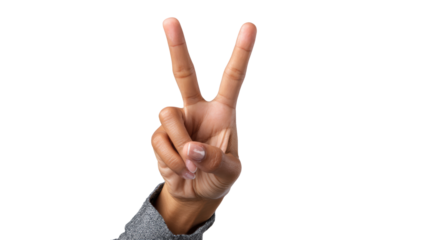 Victory hand gesture isolated on a white background.