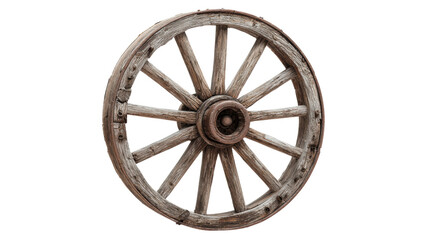 Obraz premium Vintage wooden wagon wheel with ten spokes on a white isolated background.