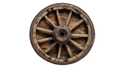 Vintage wooden wheel, detailed craftsmanship on a white isolate background.