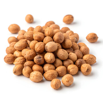 Close-up of dried bambara groundnuts isolated on a plain white background, showcasing their round shape